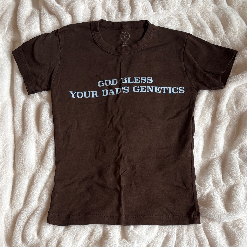 Brown Graphic T-Shirt with Blue Text
